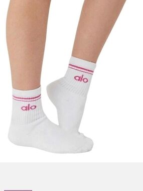 ALO Yoga White Athletic Socks with Pink Logo and Stripes